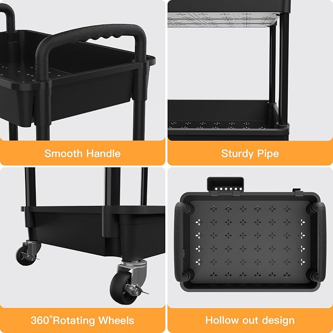 5 Tier Rolling Utility Cart with Handle,REBECAT Utility Cart Made of Multifunctional Storage Organizer Tool for Kitchen,Bathroom,Living Room,Office(Black) - Image 2
