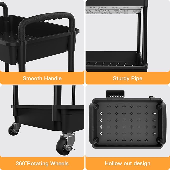 4 Tier Rolling Utility Cart with Handle,REBECAT Utility Cart Made of Multifunctional Storage Organizer Tool for Kitchen,Bathroom,Living Room,Office(Black) - Image 2