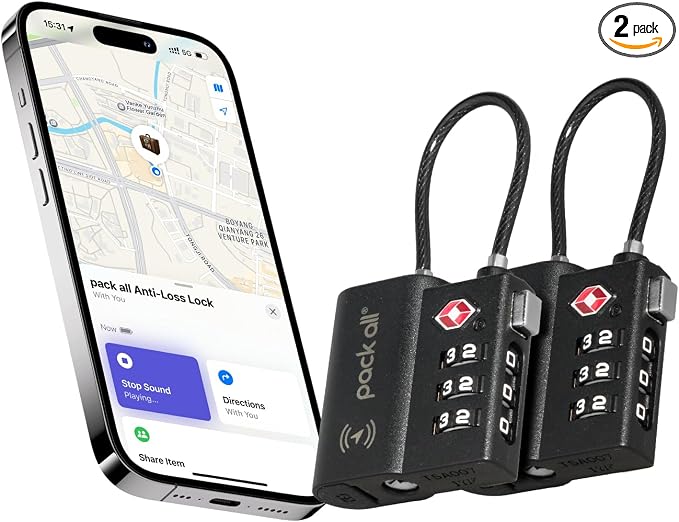 pack all Anti-Lost Tracking Luggage Lock, Smart TSA-Approved Cable Lock | Compatible Only with iOS, USB-C Rechargeable, Resettable 3-Digit Code, Clear Number Dials, Flexible Cable, 2 Pack by packall