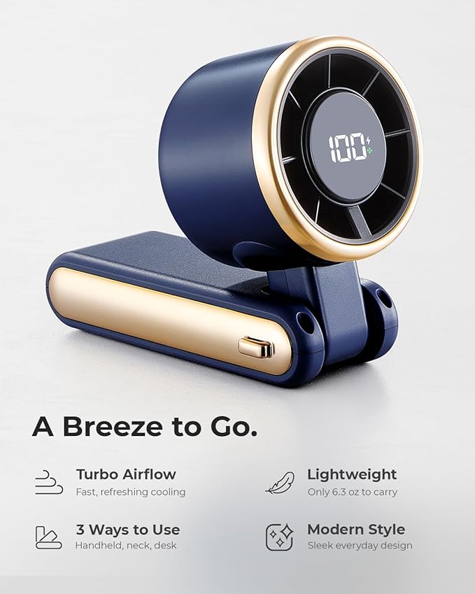 Portable Handheld Turbo Fan - 5 Gear High Speed 4000mAh Rechargeable Mini Personal Hand Fan Blow Cold Air, Battery Operated Travel Essentials, Beach Vacation, Gifts for Women, Men (Navy Blue) - Image 2