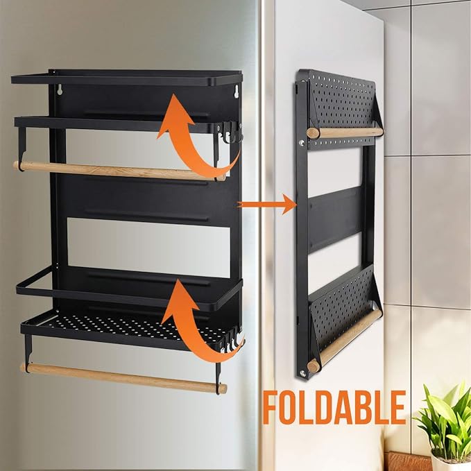 Jolitac Magnetic Fridge Spice Rack- Space Saving Organizer Black Shelf on Refrigerator, Kitchen Paper Towel Holder, Foldable Design (Black-Large) - Image 5