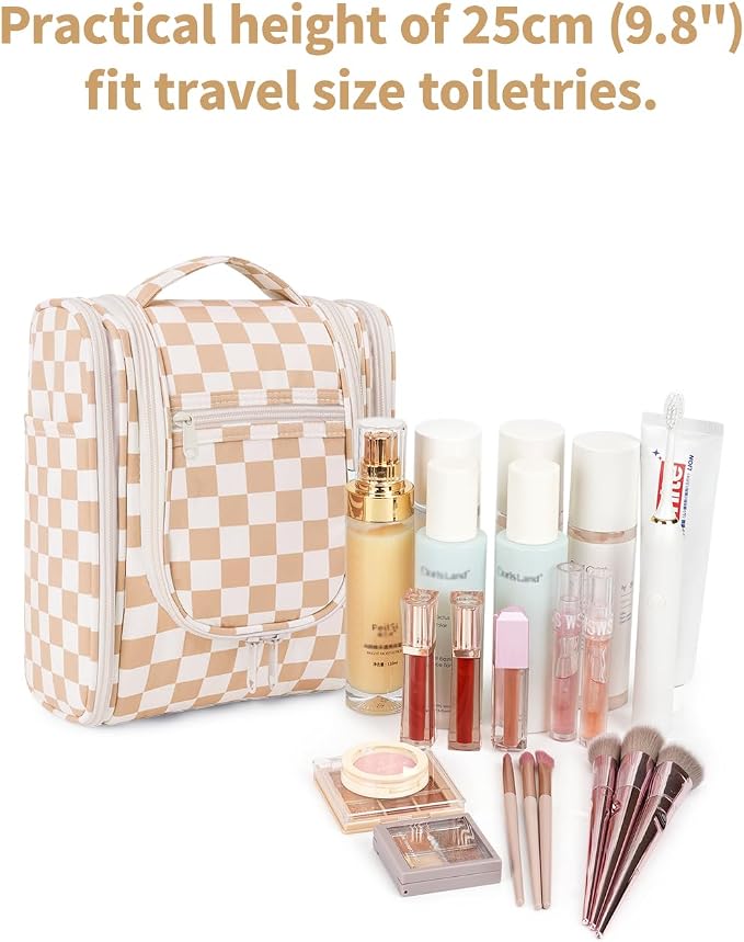 Narwey Small Checkered Hanging Travel Toiletry Bag for Women, Travel Bag for Toiletries, Makeup Bag Organizer Cosmetic Bags Make Up Bags for Women (Light Checkerboard) - Image 4