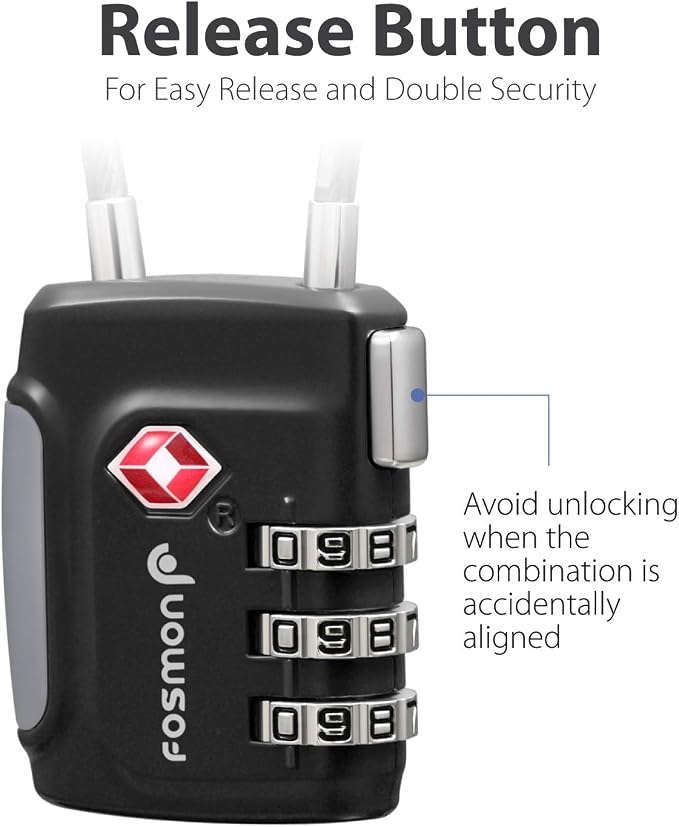 Fosmon TSA Approved Cable Luggage Locks, 3 Digit Combination, 3 Pack | Push Release Button, Long Shackle Cable Lock, Flexible Wire Padlock, Suitcase Backpack Travel, Gun Case Lock - Image 7