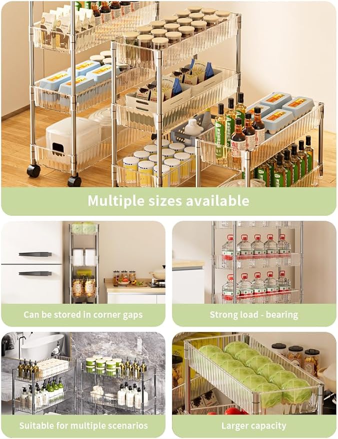 Sooyee Slim Clear 3-Tier Plastic Rolling Utility Cart with Wheels | Multi-Functional Storage Trolley, For Office, Living Room, Kitchen, Movable Storage Organizer - Image 4