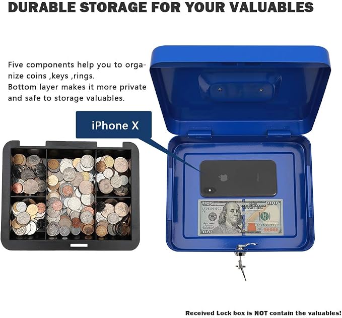 KYODOLED Large Lock Box with Money Tray,Storage Cash Box with Lock,Safe Metal Box for Money,9.84"x 7.87"x 3.54" Blue Large - Image 3