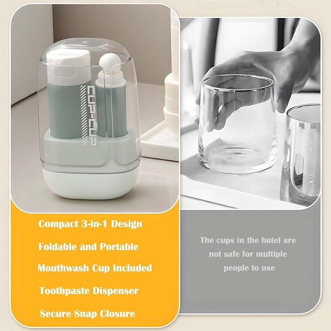 3-in-1 Toothbrush Travel Case Kit - Foldable with Mouthwash Cup, Toothpaste Dispenser, Portable Tooth Brush Holder for Camping, Business Trips, and Daily Use (Blue) - Image 4