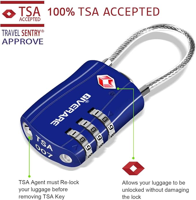 GIVERARE 2 Pack TSA Approved Luggage Locks, Combination Travel Cable Lock, Re-settable 3-Digit Padlocks with Alloy Body, Keyless TSA Padlock for Gym Locker, Golf Bag Case-Blue - Image 2