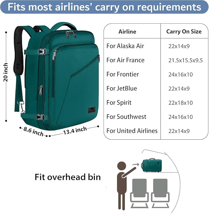 MATEIN Travel Backpack Large, Expandable Carry on Backpack for Travelling | Airline Approved, Large Capacity, Water Resistant, Lightweight Overnight Daypack for Travelling, Travel Gift, Peacock Blue - Image 2