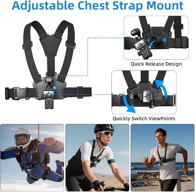 4 in 1 DJI Osmo Pocket 3 Accessories Kit,Quick Release Chest Mount Harness/Quick Release Head Strap Mount/ 360°Rotating Wrist Strap/Quick Clip Mount with Expansion Adapter (Set 1) - Image 3