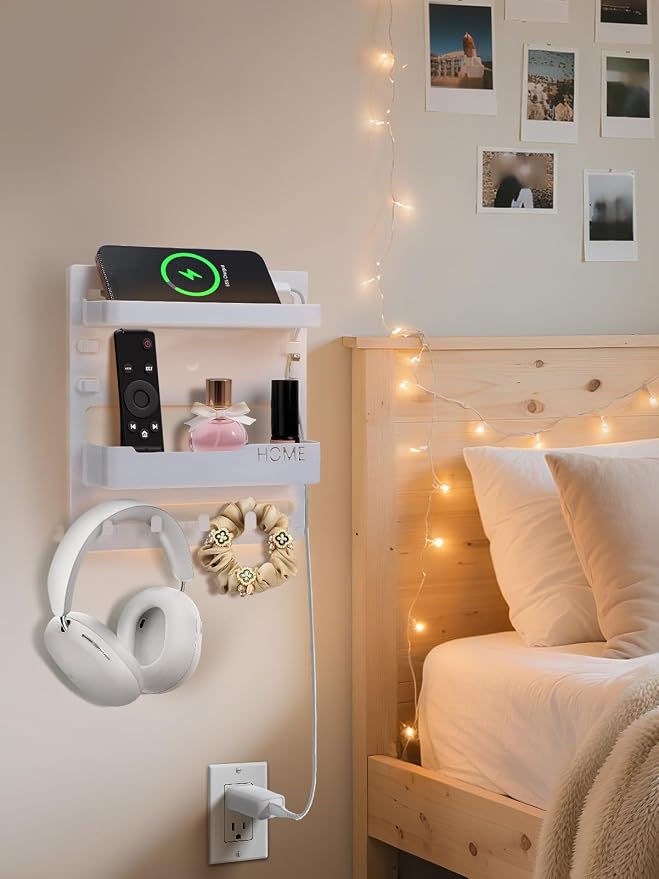 Bedside Wall Organizer Shelf Storage with Cable Clips, Dorm Room Must Haves | No Drill, Bed Floating Nightstand, Remote Control Holder, Key Holder, Preppy Collage Dorm Room Decor Essentials - Image 5