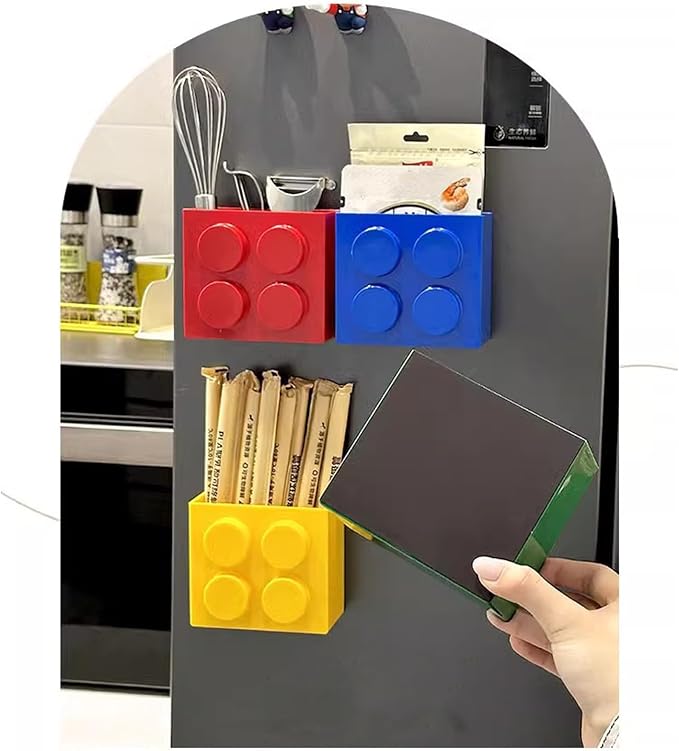 Magnetic Basket Organizer for Fridge - Lego-Style ABS Plastic Storage Box,No Drill Design for Kitchen Counter, Microwave & Whiteboard, Holds Up to 3.5 lbs (Blue) - Image 6