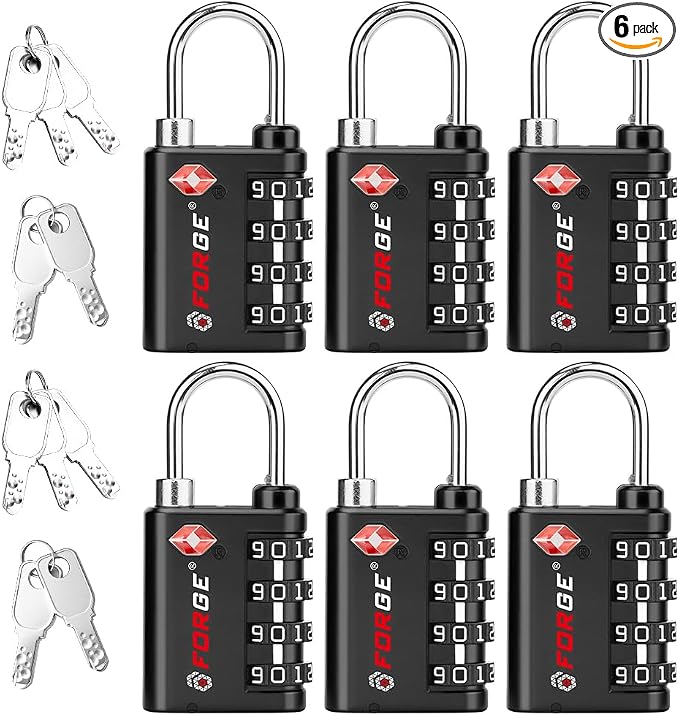 Forge Dual-Opening: Key or Combination Lock, TSA Approved Lock for Luggage, Pelican case, Travel, Gym, School, Luggage Combination Lock, Travel Bag Lock (Black 6 Pk) by Forge