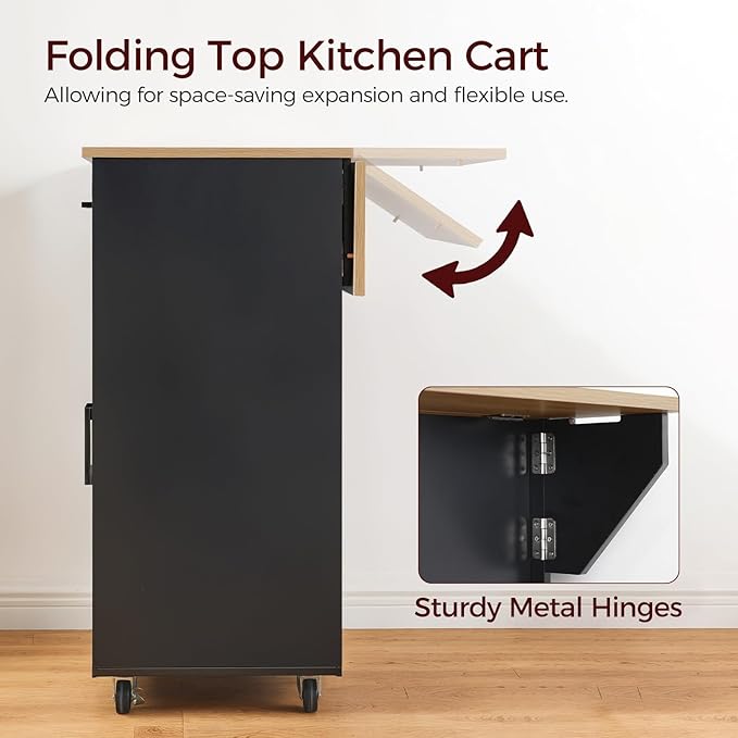 MAHANCRIS Kitchen Island on Wheels with Drop Leaf, Folding Countertop Kitchen Island Cart, Kitchen Islands Table with Towel Rack, Drawer, for Kitchen, Dining Room, Black and Natural KINB12501 - Image 4