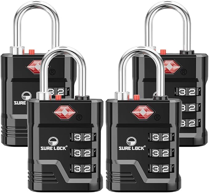 SURE LOCK TSA Approved Luggage Lock – 3-Digit Resettable Combination Padlock with Open Alert Red Dot, Large Easy-Read Dials for Suitcases, Backpacks, Gym & School Lockers (Black 4 pk) by Hopeyoucanstaysafe