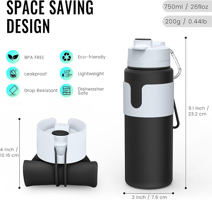 Nefeeko Collapsible Water Bottle, BPA Free 26oz Silicone Water Bottles | Foldable Water Bottles for Travel Sports, Leak-Proof Spill-Proof Portable Water Bottle with Carabiner, Lightweight - Image 2
