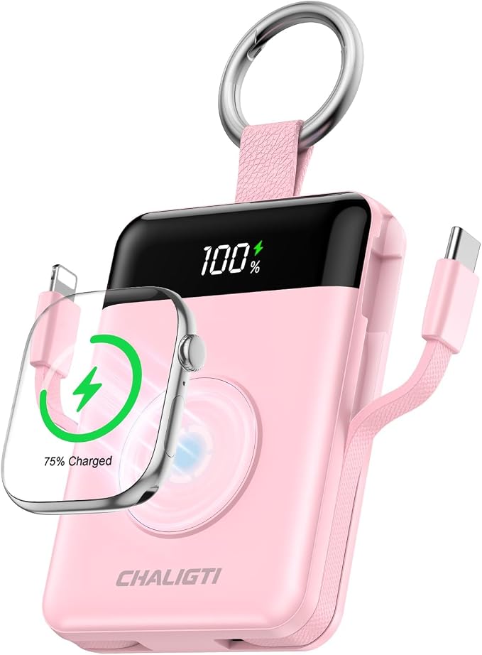 10000mAh Portable Charger,22.5W Power Bank&iWatch Charger,Pink | LED Display,Built-in Cables,Super Fast Charging,Travel Keychain Battery Pack for iPhone 17/16/15/14/13/12,Apple Watch Series by Unknown