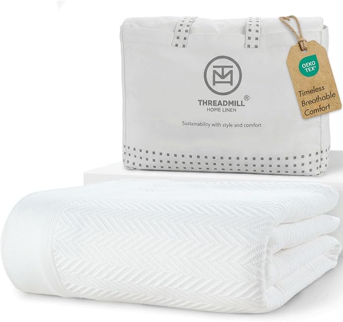 Threadmill Cotton Twin Blanket, Herringbone, White, 68x92 in, Breathable | 100% Cotton, Herringbone Pattern, 350 GSM, 68x92 in, Breathable, Moisture-Wicking, All-Season, OEKO-TEX Certified by ThreadmillHomeLinen