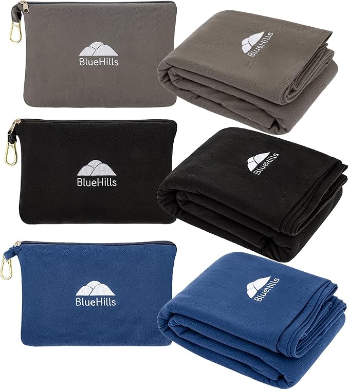 BlueHills Lightweight Travel Blanket Pillows Compact Set of 3 Airplane Traveling Essentials Flight Throws in Bag Compact Large Plane Accessories – Gray, Black and Navy Blue by BlueHills