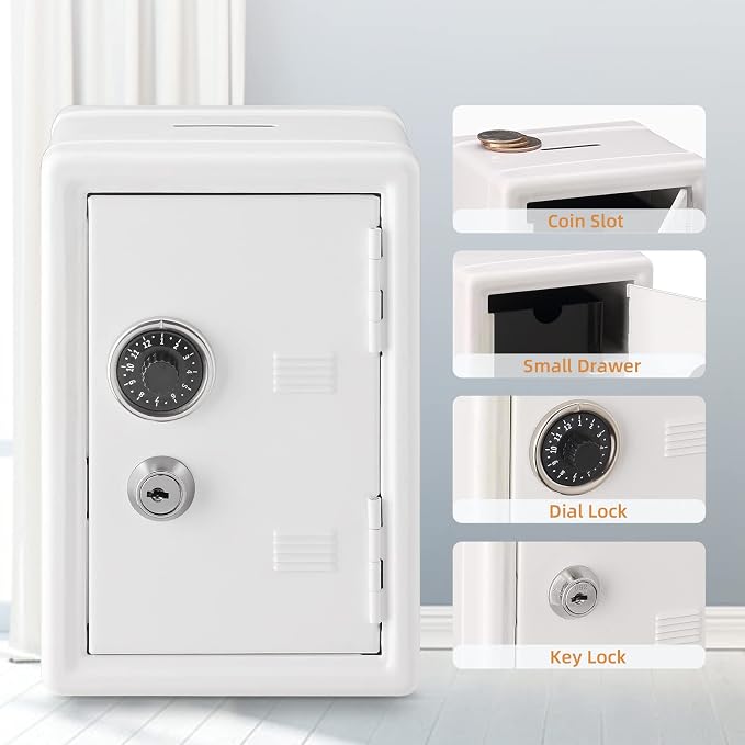Younion Mini Money Safe and Cash Lock Box, 4.6"x 4.2"x 6.9" White - Image 3