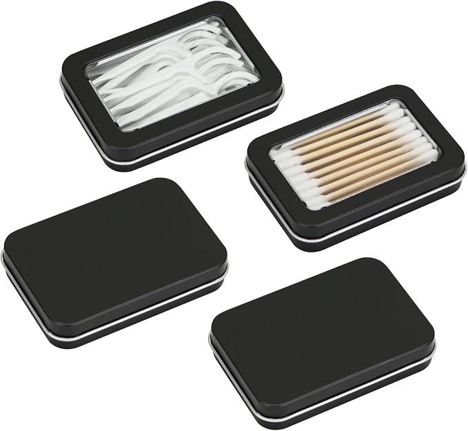 HAOGUAGUA 4 Pcs Travel Containers - Qtip Travel Case and Floss Pick Holder Box, Portable Cotton Swab Organizer Dispenser with Dustproof Lid for Hair Ties Cotton Pad jewelry Small Items (Black) by HAOGUAGUA