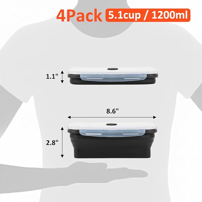 Collapsible Silicone Food Storage Containers Set with Lid & Air Vent,Foldable Lunch Containers(4PCS,Black,40oz) - Image 2