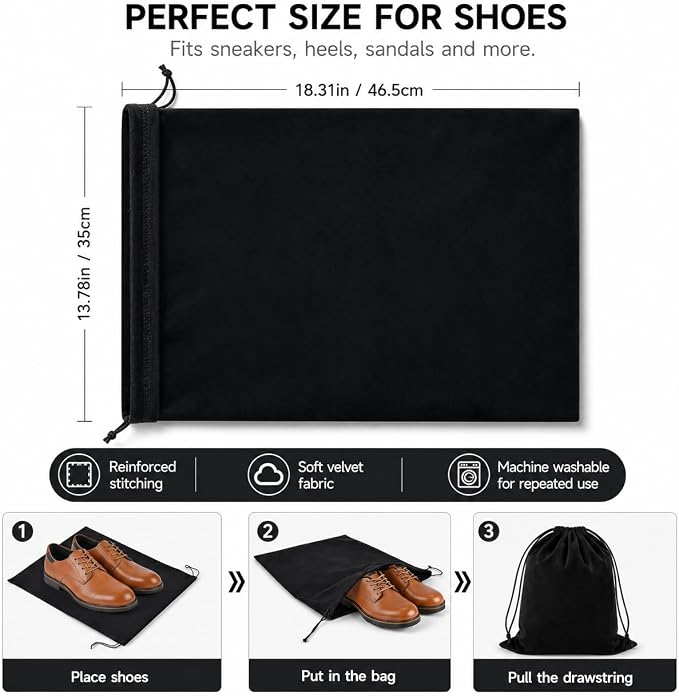 4 Pack Shoe Bags for Travel, Flannel Drawstring Travel Shoe Bag,Black Beige | Large Size 18.3*13.78 inch,Soft Flannel Material,Washable & Reusable,Shoe Bag for Luggage - Image 3