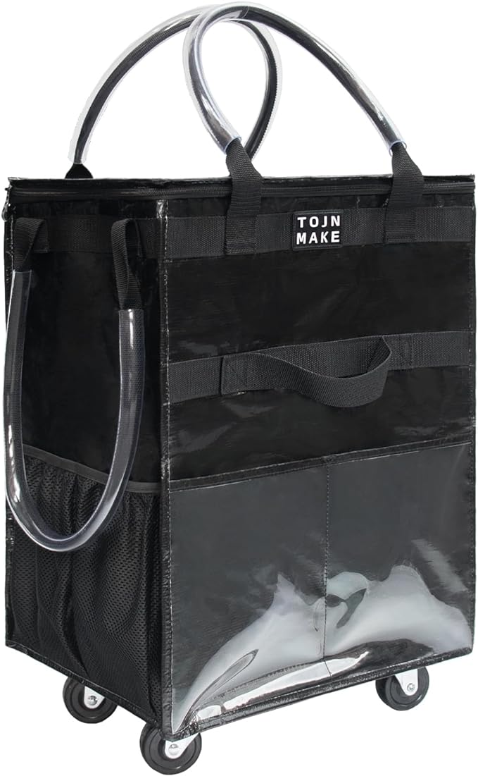 Reusable Grocery Bag with Wheels, Large Black Rolling Tote | 8 Pockets, Zipper Cover, Foldable for Women, Kitchen, Travel, Carries Up to 76LBS by TOJNMAKE