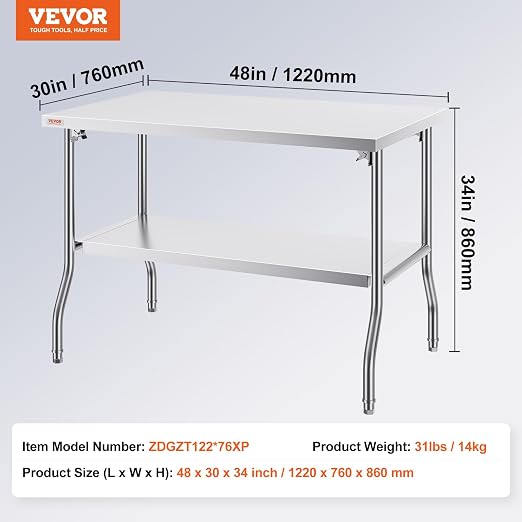VEVOR Stainless Steel Foldable Work Table, 30 * 48 Inch Heavy Duty Food Outdoor Double Layer Stainless Steel Worktable for Commercial Kitchen Restaurant - Image 3
