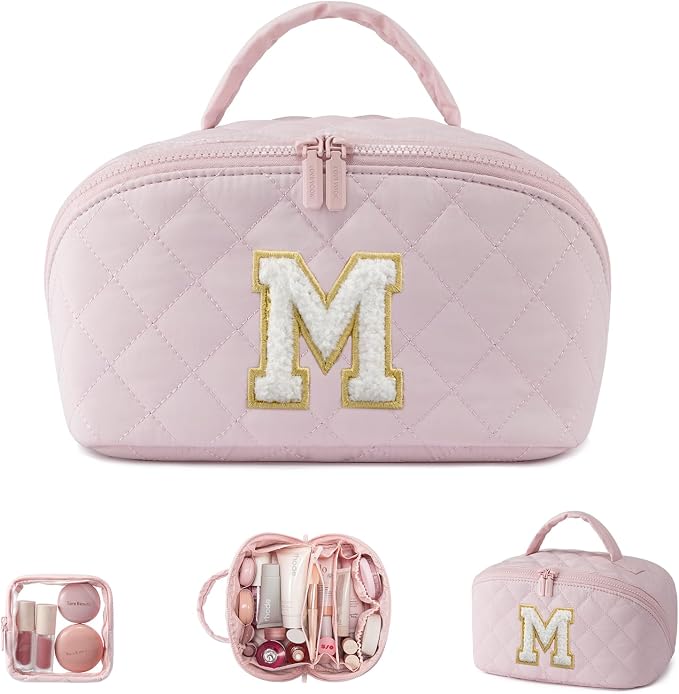LOVEVOOK Travel Makeup Bag for Women, 2Pcs Puffer Waterproof Cosmetic Organizer, Large Capacity Pouch Open Flat Small Toiletry Bag with Brush Compartment & Handle (Pink-M, Medium) by LOVEVOOK