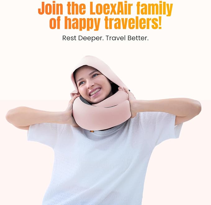 LOEXAIR™ Hooded Pro Travel Pillow - Memory Foam Neck Support Pillow for Airplane, Flight - Super-Soft Pure Cotton Fabric, Maximum Privacy & Light-Block Design, Lightweight Full Travel Kit- Sakura Pink - Image 9