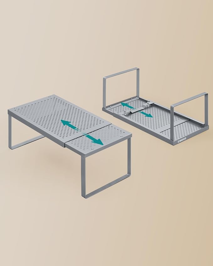SONGMICS Spice Rack, Expandable Kitchen Countertop Shelf, Steel | Set of 2 small cupboard organizers, space-saving tabletop shelves, Silver, UKCS402FG01 - Image 7