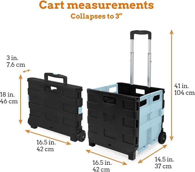 Inspired Living Ultra-Slim Rolling Collapsible Storage Pack-N-Roll Utility-carts, with Telescopic Handle, for Home, Garden, Shopping, Office, School use, Large, Baby Blue & Black - Image 2