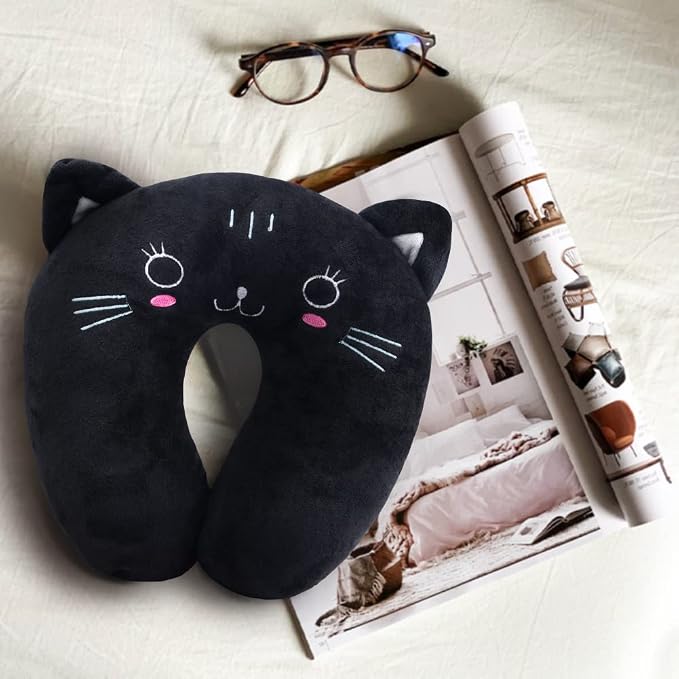 Travel Pillow for Kids, Cute Animal Neck Pillow Support U Shaped Cushion Plush Soft Rest Reading Pillows Sleeping Pillows for Airplane Train Car (Color:Black cat) - Image 6
