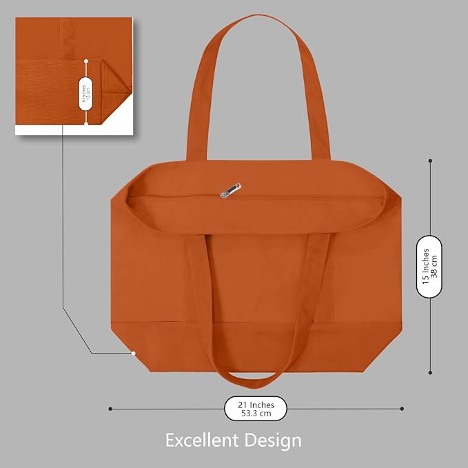 TOPDesign 3-Pack Canvas Tote Bags with an External Pocket, Reusable Grocery Shopping Bags, Top Zipper Closure, Daily Essentials (Orange) - Image 5