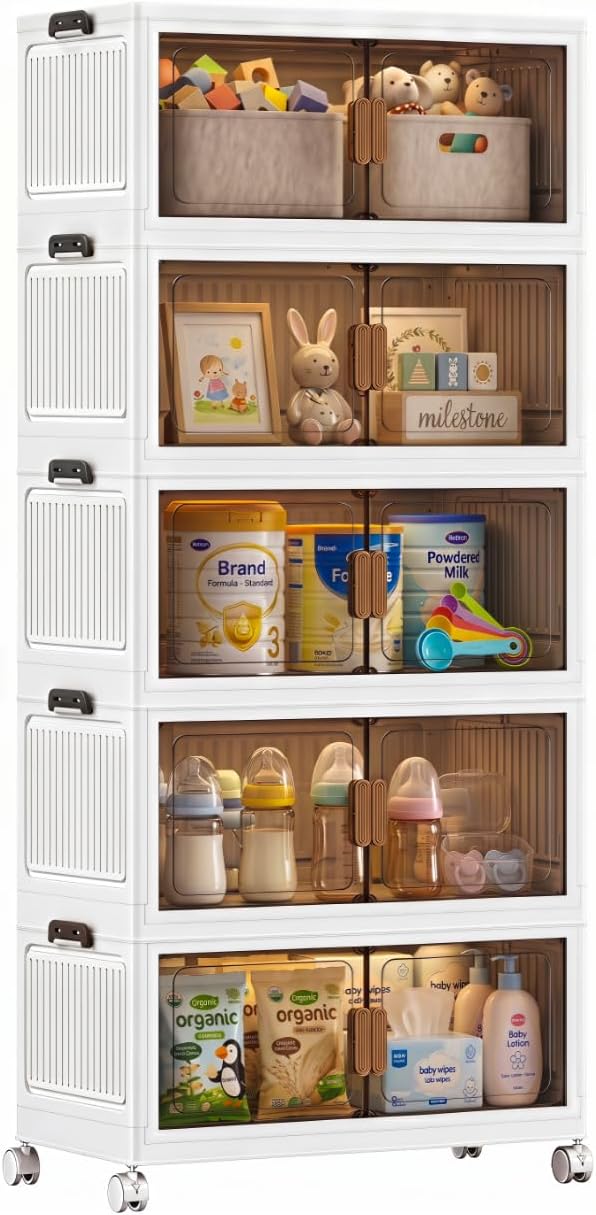 120QT Stackable Storage Bins With Lids, Collapsible Plastic Storage Bins with Wheels and Doors, Foldable Plastic Cabinets for Bedroom Dorm Garage Office Kitchen, 5 Pack - Image 9