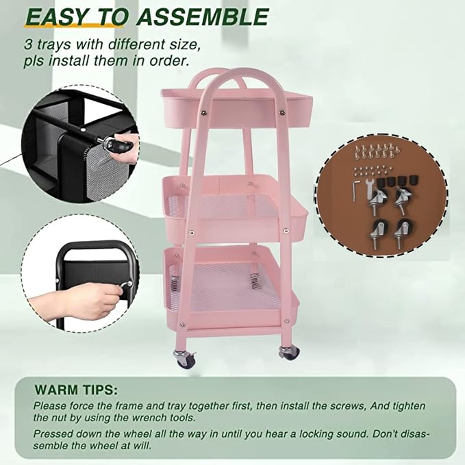 Utility Cart, 3-Tier Rolling Slim Storage Cart with Wheels, Metal, Pink - Image 6