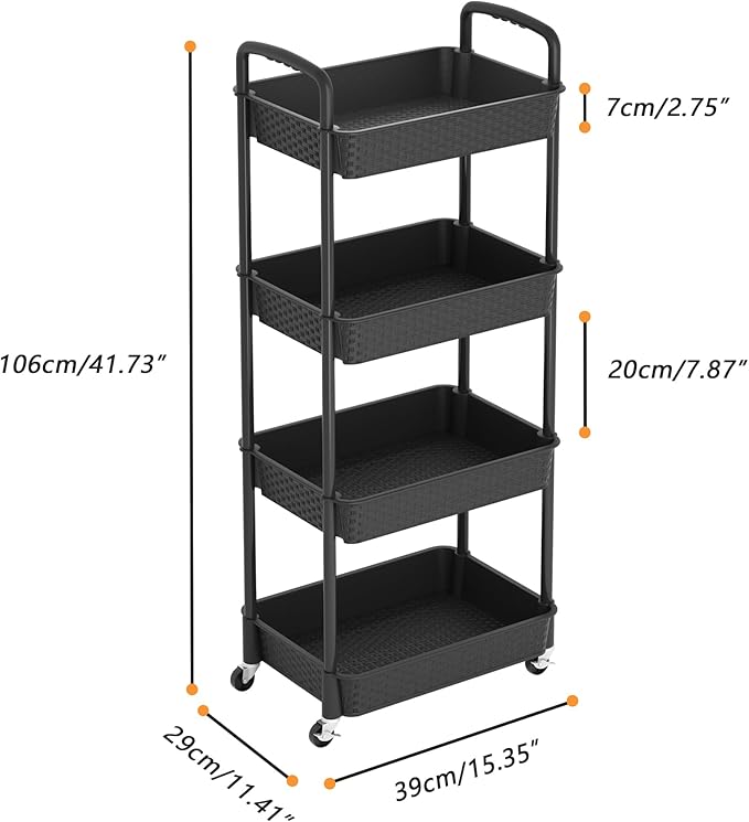 MOYIPIN 4-Tier Plastic Rolling Utility Cart with Handle, Black | Utility Storage Cart for Office, Living Room, Kitchen,Movable Storage Organizer，Easy installation，Rattan-like art design - Image 3