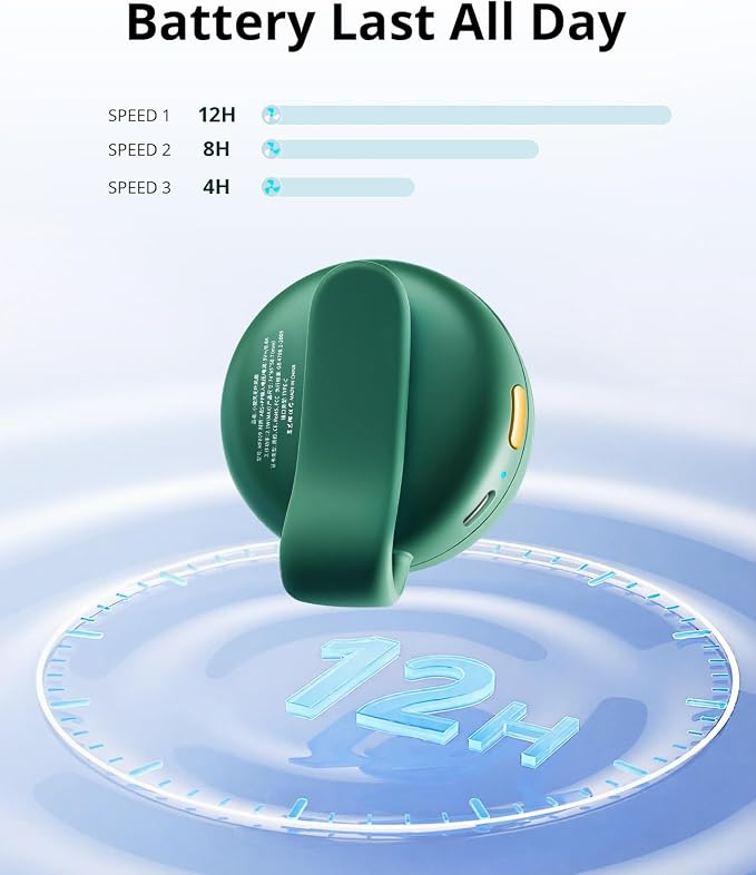 Portable Silent Mini Bladeless Fan Clip On, 3 Speeds & Queit, Hands Free Shirt and Waist Clips Whirlwind Fans, USB Rechargeable Handheld Neck Fans, Suitable for Outdoor & Travel & Office (green) - Image 6