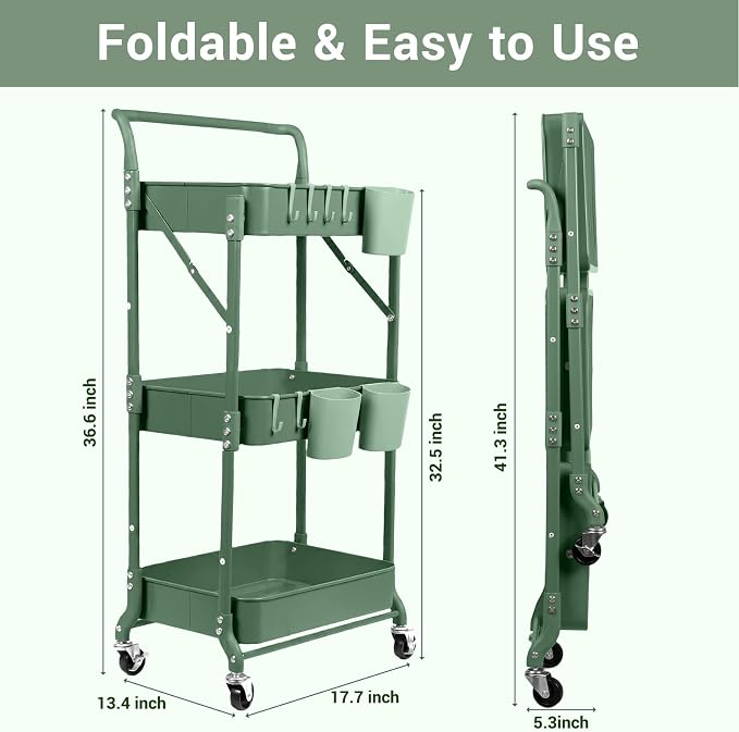 Amatic 3-Tier Folding Rolling Utility Cart with Wheels, Metal Foldable Storage Cart Organizer with 3 Hanging Cups & 6 Hooks for Kitchen, Office, Living Room, Nursery(Green) - Image 2
