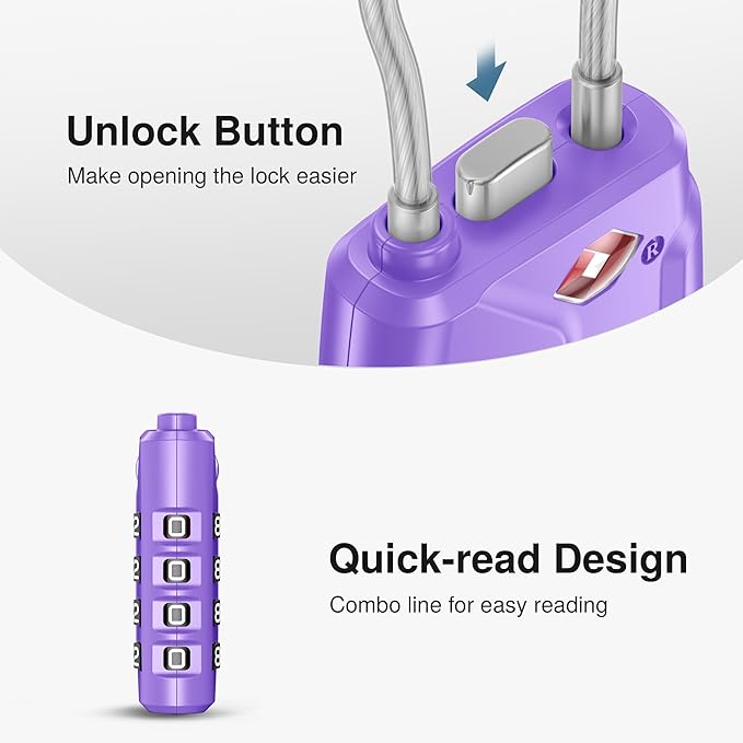 Puroma 2 TSA Approved Luggage Locks 4 Digit Code Cable Lock Basic Purple | Resettable, Flexible Cable, Zipper holes, Zinc Alloy, Bright Color, Large White Numbers, Suitcase Train Travel, laptop bag - Image 4