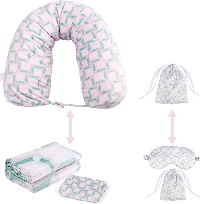 Travel Pillow with Detachable Flannel Blanket & Eye Mask – Plush Velvet Neck Support Pillow for Airplane,Car,Office Rest,Coordinated Digital Print Set (Green Pink Geometry, 60in * 79in) by HarmengDen