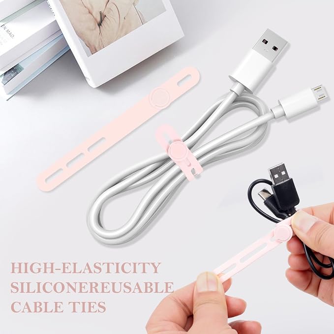 Donruby 30Pcs Silicone Cable Ties - Reusable & Washable with Adjustable Locking Buckles, High Elasticity Cable Management Straps for Home, Office, School, Travel Essential Cord Organizer (Pink) - Image 3