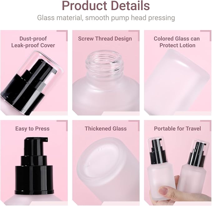 Segbeauty 2oz Frosted Glass Lotion Bottle for Travel, 5pcs Matte Translucent Empty Pump Bottle for Hair Oils, 60ml Travel Size Liquids Container, Refillable Cream Dispenser, Essential Oil Bottle - Image 3