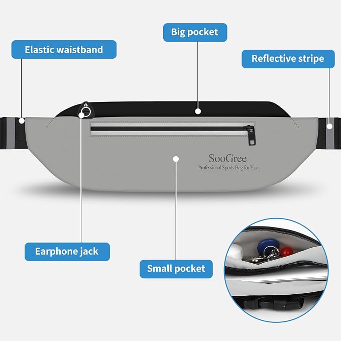 SooGree Running Waist Pack for Men Women, Lightweight Waterproof Sports Belt Bag, Phone Running Pouch, Night Reflective Fitness Storage Bag for Running Cycling Hiking Traveling (Black/Gray) - Image 5