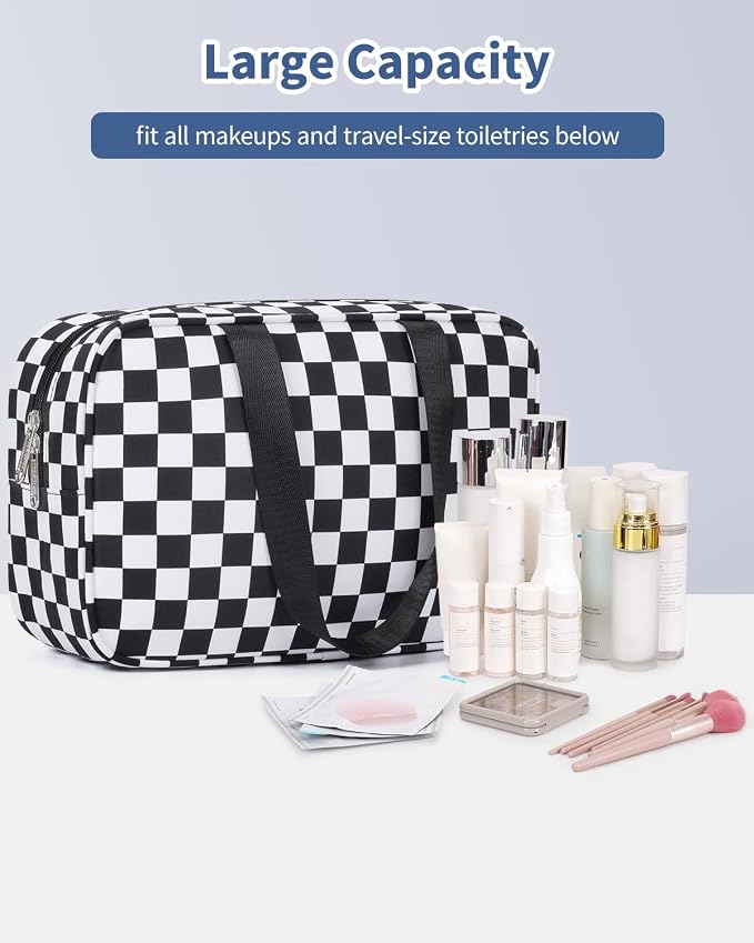 Narwey Large Toiletry Bag Women Cosmetic Bag Travel Makeup Bag Organizer Medicine Bag for Toiletries Essentials Accessories (Black Checkerboard, Large) - Image 6