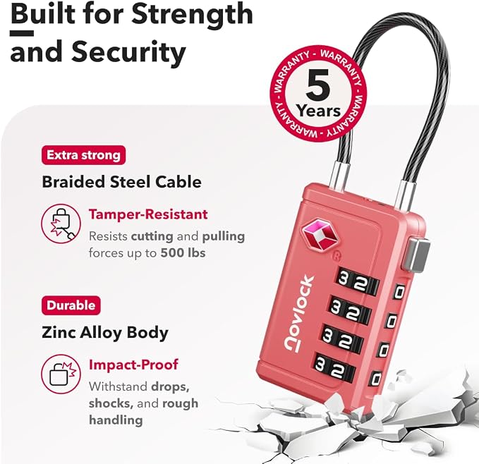 TSA Approved Luggage Locks, Travel Locks with Inspection Indicator | TSA008, Easy to Read Dials, 4 Digit Combination, Flexible Steel Cable, for Suitcases, Backpacks, Bags, 2-Pack, Pink - Image 4