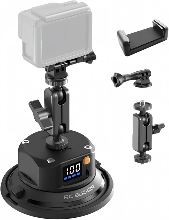4.5" Electric Vacuum Suction Cup Camera Mount, 1/4" Thread Heavy-Duty Car Windshield Mount with Ball Head, 110LB Load for GoPro, Action Camera, Phone & DSLR Vlogging by Unknown