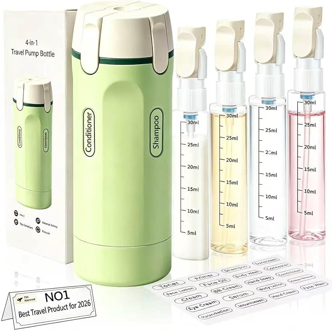 4 in 1 Travel Dispenser Bottle, 4 Pack 30ML Travel Bottles for Toiletries, 4 in 1 Travel Dispenser with Label, Leakproof & TSA Approved Portable Containers for Shampoo Lotion Conditioner Cream by CLRDZN