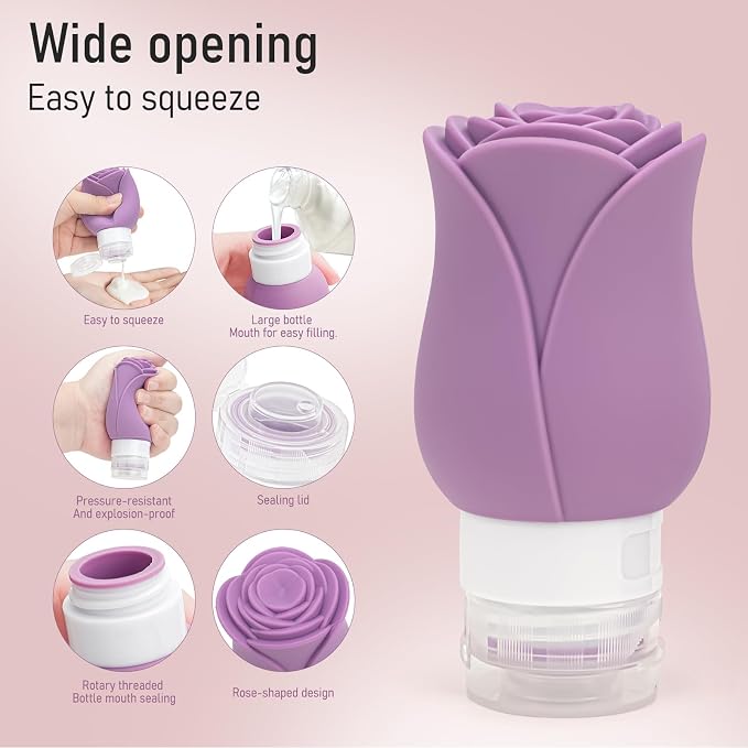 3 OZ Travel Bottles Leakproof for Travel TSA Approved & Refillable Mini Cream Containers Set 8 Pack – Silicone Squeeze Tube Rose Bottle for Shampoo Lotion Body Wash BPA Free with Bag, Purple - Image 5