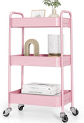 TOOLF 3 Tier Metal Rolling Cart, Utility Storage Cart with Wheels, Pink | Screwless Assembly, Lockable Metal Wheels, Trolley Organizer for Bathroom, Kitchen, Office, Dorm, Laundry, Craft Room by TOOLF
